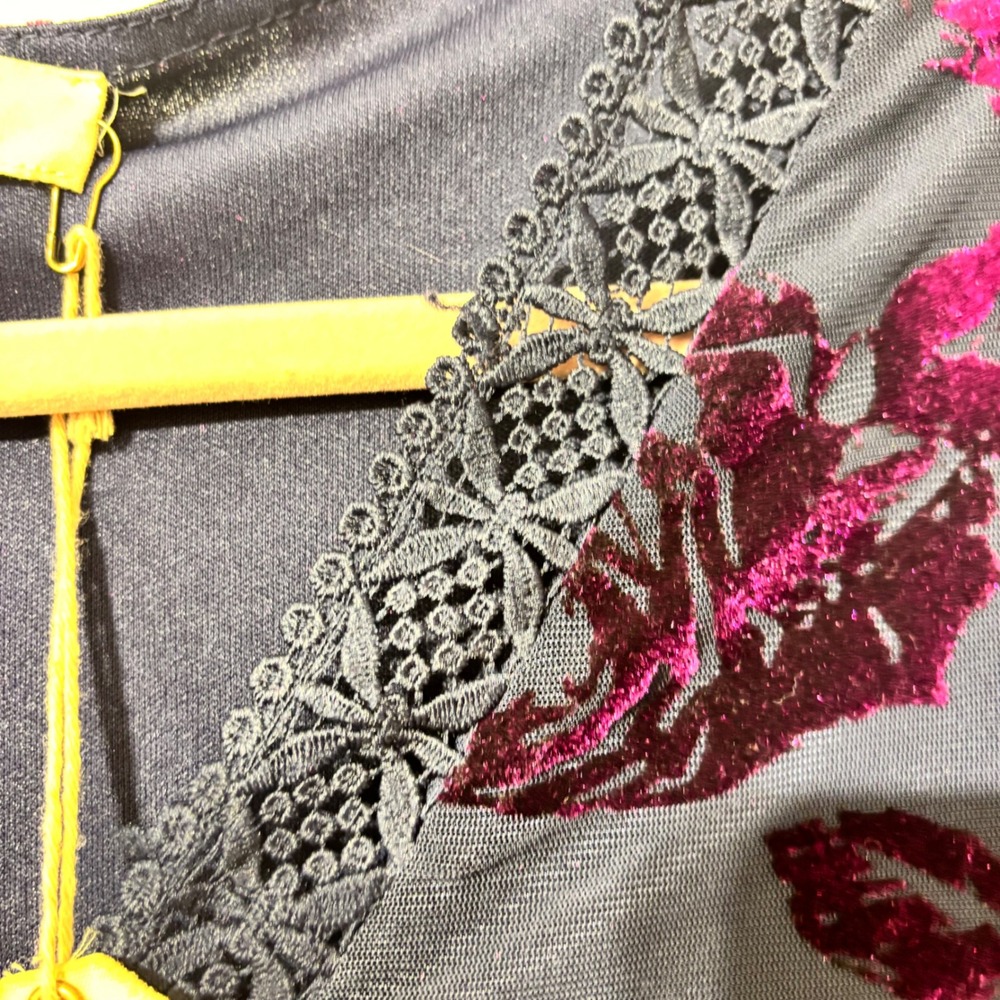 Entro Floral Velvet Burnout Dress Navy Magenta Boho‎ Bell Sleeve Mini Small NEW - Picture 9 of 11